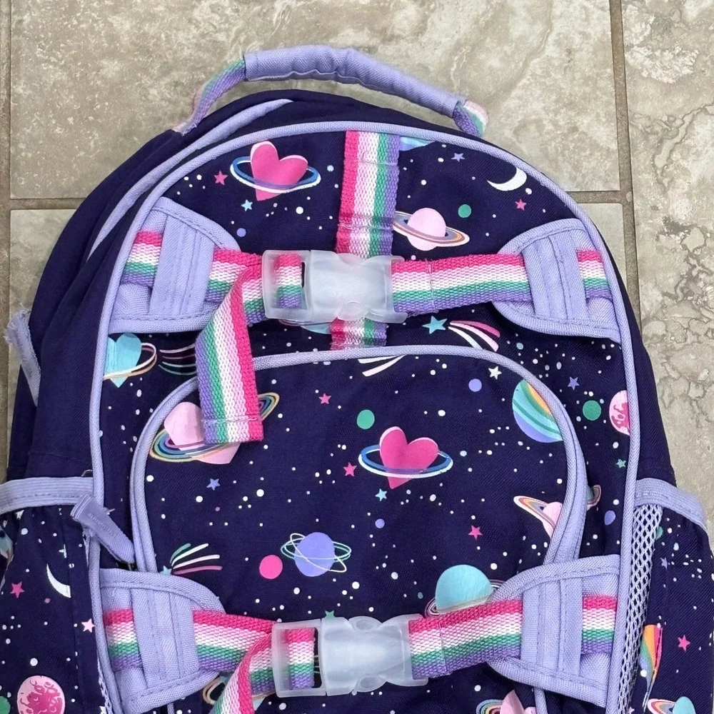 Pottery Barn Kids Galaxy Heart Backpack Purple Rainbow Straps 15 Inch